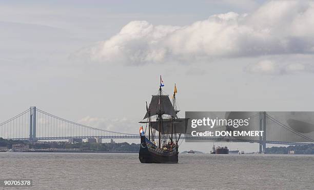 Replica of the Dutch ship Half Moon sails near the Verrazano-Narrows Bridge on September 13, 2009 in New York Harbor. The historic boat is in New...