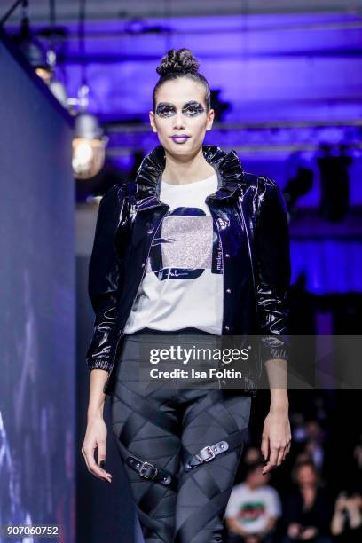 Model walks the runway during the Maybelline Show 'Urban Catwalk - Faces of New York' at Vollgutlager on January 18, 2018 in Berlin, Germany.