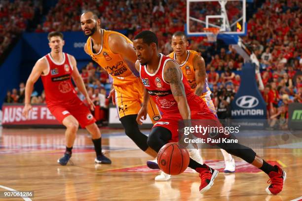 Bryce Cotton of the Wildcats looks to dsrive into the key during the round 15 NBL match between the Perth Wildcats and the Sydney Kings at Perth...