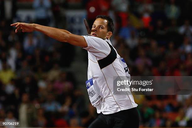 Tero Pitkamaki of Finland takes his last throw in in the Mens Javelin during day two of the IAAF World Athletics Final at the Kaftanzoglio stadium on...