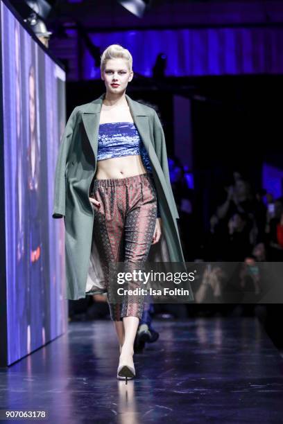 Model walks the runway during the Maybelline Show 'Urban Catwalk - Faces of New York' at Vollgutlager on January 18, 2018 in Berlin, Germany.