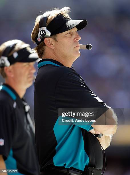 Jack Del Rio the Head Coach of the Jacksonville Jaguars is pictured during the game against the Indianapolis Colts at Lucas Oil Stadium on September...