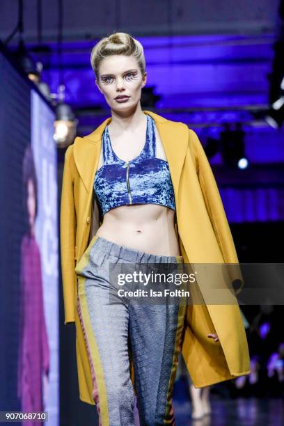 Model walks the runway during the Maybelline Show 'Urban Catwalk - Faces of New York' at Vollgutlager on January 18, 2018 in Berlin, Germany.