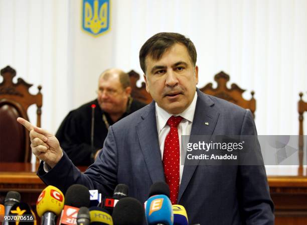 Former Georgian President and ex-governor of the Odessa region of Ukraine Mikheil Saakashvili delivers a speech during a court hearing at an appeal...