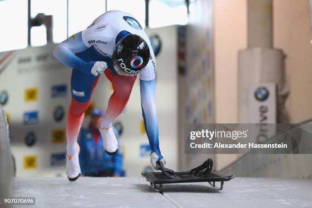 Alexander Tretiakov of Russia of competes at Deutsche Post Eisarena Koenigssee during the BMW IBSF World Cup Skeleton on January 19, 2018 in...