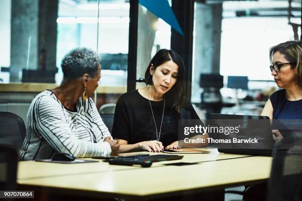 businesswomen reviewing documents on digital tablet during meeting in office conference room - indian economy business and finance bildbanksfoton och bilder