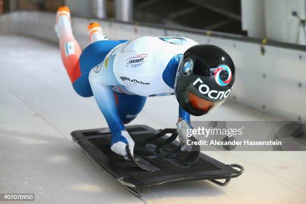 Alexander Tretiakov of Russia of competes at Deutsche Post Eisarena Koenigssee during the BMW IBSF World Cup Skeleton on January 19, 2018 in...