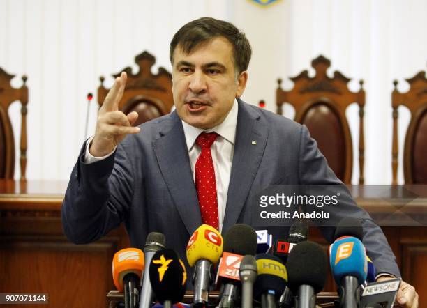 Former Georgian President and ex-governor of the Odessa region of Ukraine Mikheil Saakashvili delivers a speech during a court hearing at an appeal...