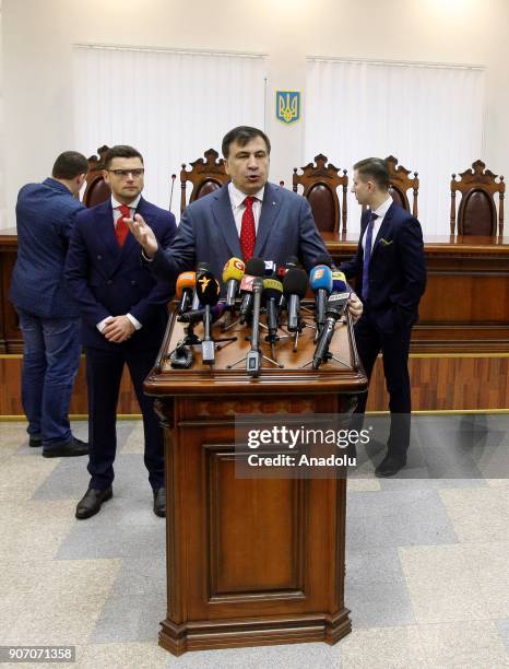 Former Georgian President and ex-governor of the Odessa region of Ukraine Mikheil Saakashvili delivers a speech during a court hearing at an appeal...