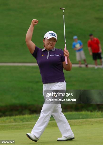 Jiyai Shin of South Korea reacts after making a birdie on the second playoff hole to win the P&G Beauty NW Arkansas Championship at the Pinnacle...