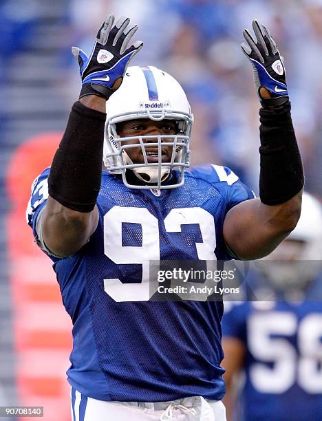 Dwight Freeney of the Indianapolis Colts celebrates during the game against the Jacksonville Jaguars at Lucas Oil Stadium on September 13, 2009 in...