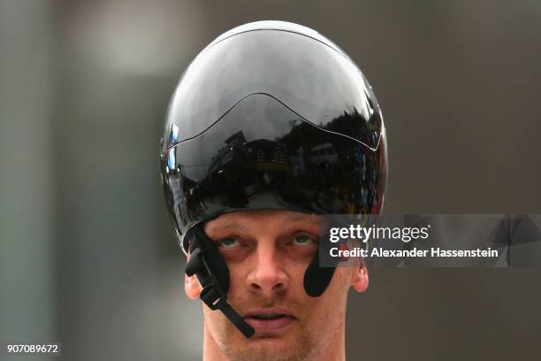 Tomass Dukurs of Latvia reacts at Deutsche Post Eisarena Koenigssee after the BMW IBSF World Cup Skeleton on January 19, 2018 in Koenigssee, Germany.