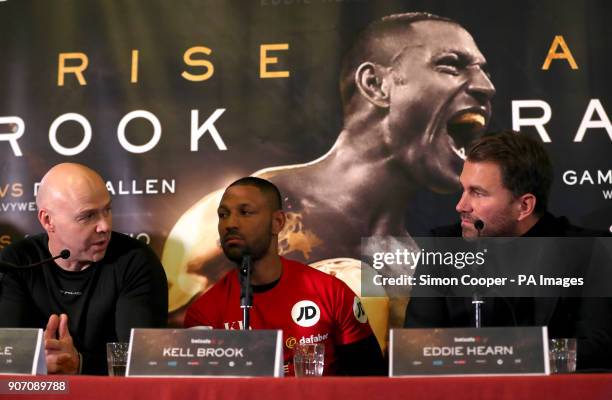Dominic Ingle , Kell Brook and Eddie Hearn during the press conference at Sheffield Town Hall.