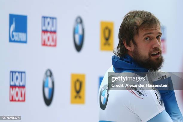 Alexander Tretiakov of Russia reacts at Deutsche Post Eisarena Koenigssee after the BMW IBSF World Cup Skeleton on January 19, 2018 in Koenigssee,...