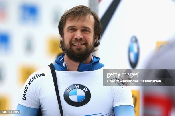 Alexander Tretiakov of Russia reacts at Deutsche Post Eisarena Koenigssee after the BMW IBSF World Cup Skeleton on January 19, 2018 in Koenigssee,...