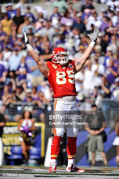 Sean Ryan of the Kansas City Chiefs celebrates his touchdown against the Baltimore Ravens at M&T Bank Stadium on September 13, 2009 in Baltimore,...
