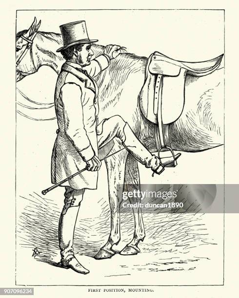 victorian man preparing to mount a horse - stirrup stock illustrations