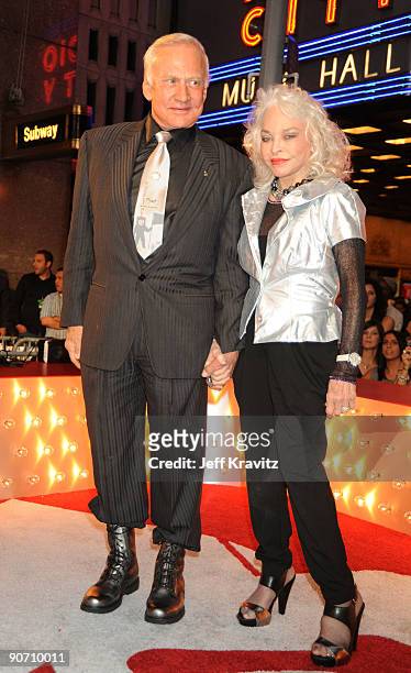 Buzz Aldrin and wife Lois Aldrin arrive at the 2009 MTV Video Music Awards at Radio City Music Hall on September 13, 2009 in New York City.