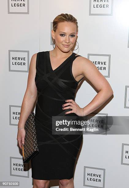 Actress Hilary Duff attends Herve Leger By Max Azria Spring 2010 during Mercedes-Benz Fashion Week at Bryant Park on September 13, 2009 in New York...