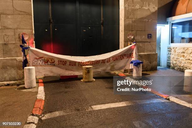 Block access to Fresnes prison on January 19, 2018 to demand tighter security after three officers were injured in an attack by a German terror...