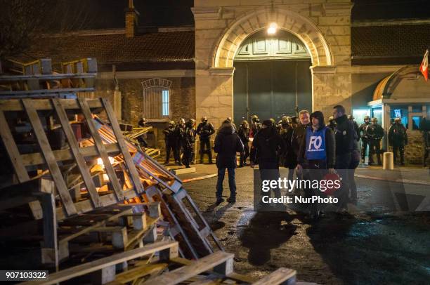 Anti-riot police guards blocking access to Fresnes prison on January 19, 2018 to demand tighter security after three officers were injured in an...