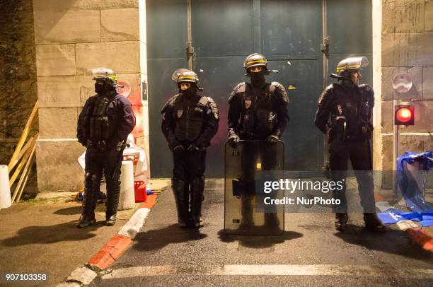 Anti-riot police guards blocking access to Fresnes prison on January 19, 2018 to demand tighter security after three officers were injured in an...