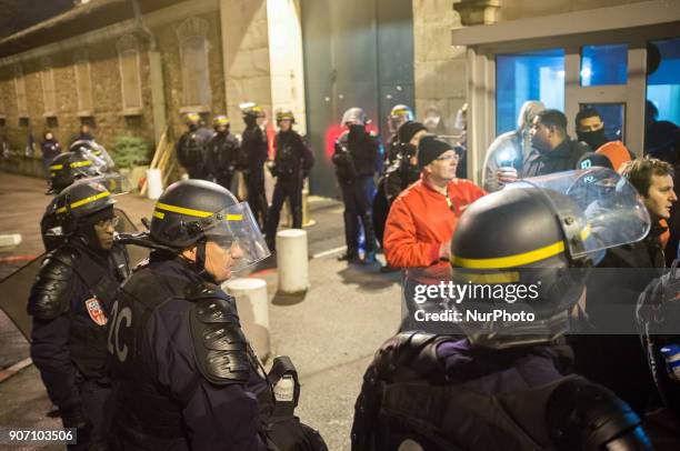 Anti-riot police guards blocking access to Fresnes prison on January 19, 2018 to demand tighter security after three officers were injured in an...