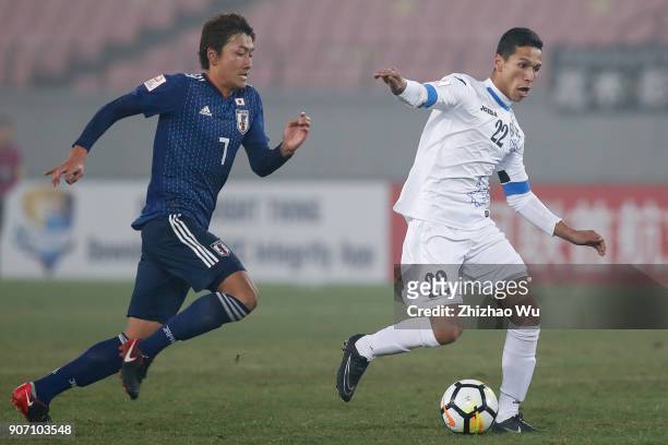 Hara Teruki of Japan and Abdixolikov Bobir of Uzbekistan in action during AFC U23 Championship Quarter-final between Japan and Uzbekistan at Jiangyin...
