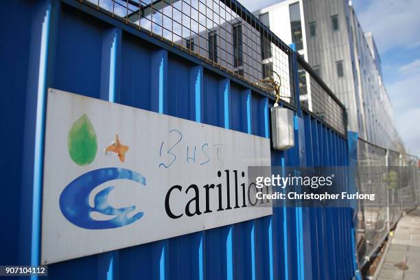 Defaced branding is seen outside Carillion's Royal Liverpool Hospital site which is being built by the construction company on January 19, 2018 in...