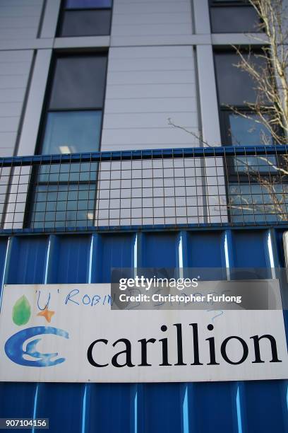 Defaced branding is seen outside Carillion's Royal Liverpool Hospital site which is being built by the construction company on January 19, 2018 in...