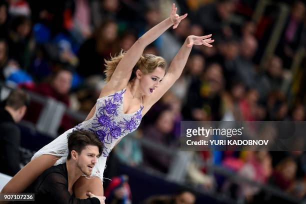 Russia's Alexandra Stepanova and Ivan Bukin perform during their ice dance short dance at the ISU European Figure Skating Championships in Moscow on...