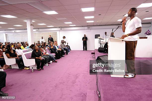 Dwyane Wade of the Miami Heat addresses the congregation of Temple of Praise Binding and Loosing Ministries International on September 13, 2009 in...