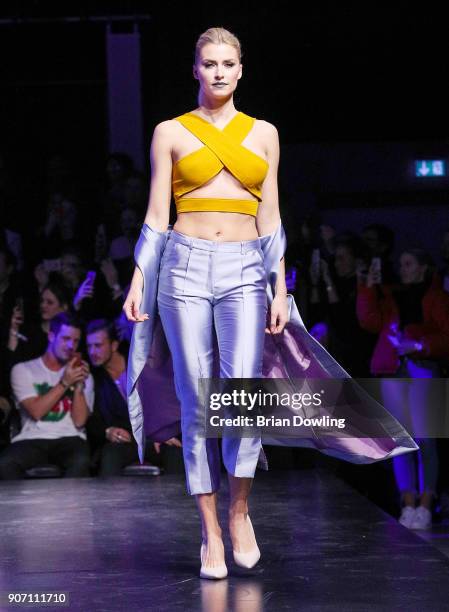Model Lena Gercke walks the runway during the Maybelline Show 'Urban Catwalk - Faces of New York' at Vollgutlager on January 18, 2018 in Berlin,...