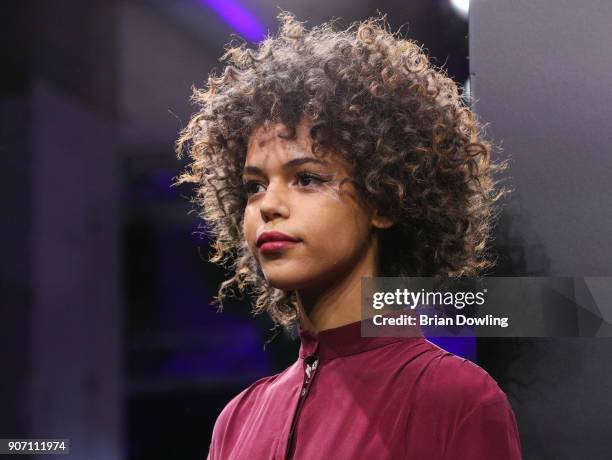 Lisa Washington walks the runway during the Maybelline Show 'Urban Catwalk - Faces of New York' at Vollgutlager on January 18, 2018 in Berlin,...