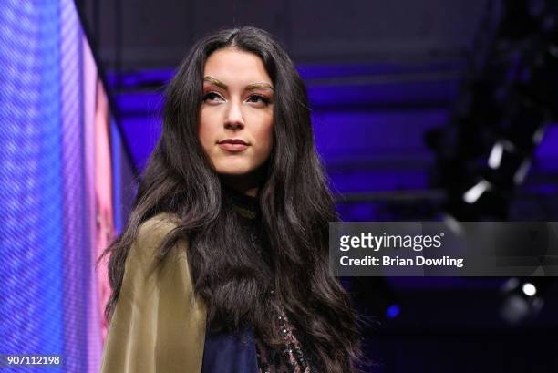 Rebecca Mir walks the runway during the Maybelline Show 'Urban Catwalk - Faces of New York' at Vollgutlager on January 18, 2018 in Berlin, Germany.