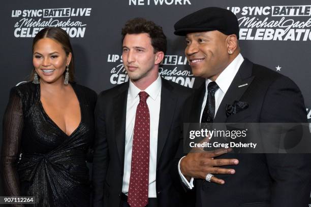 Chrissy Teigen, Brandon Korff and LL Cool J attend the Lip Sync Battle LIVE: A Michael Jackson Celebration at Dolby Theatre on January 18, 2018 in...