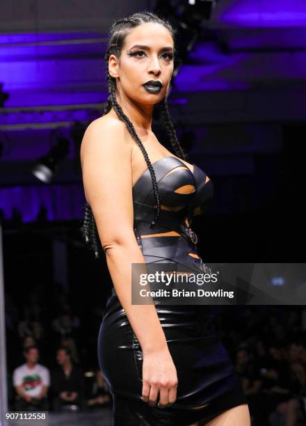 Lamiya Slimani walks the runway during the Maybelline Show 'Urban Catwalk - Faces of New York' at Vollgutlager on January 18, 2018 in Berlin, Germany.