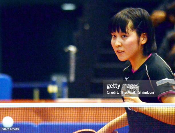 Miu Hirano celebrates a point in the Women's Singles 6th round during day five of the All Japan Table Tennis Championships at the Tokyo Metropolitan...