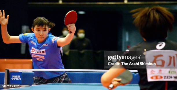 Hina Hayata competes against Kasumi Ishikawa inthe Women's Singles 6th round during day five of the All Japan Table Tennis Championships at the Tokyo...