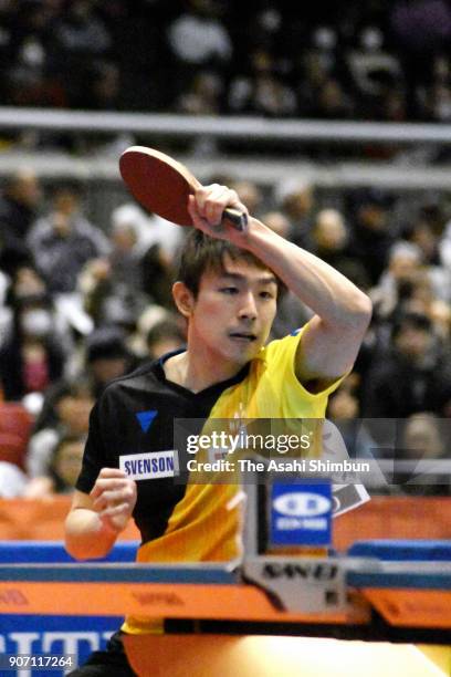 Koki Niwa competes in the Men's Singles 5th round during day five of the All Japan Table Tennis Championships at the Tokyo Metropolitan Gymnasium on...