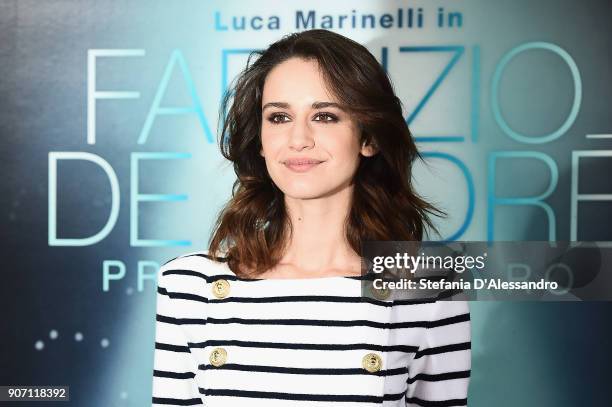 Actress Valentina Belle attends 'Fabrizio De Andre'. Principe Libero' photocall on January 19, 2018 in Milan, Italy.