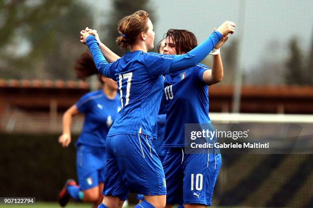 Giorgia Marchiori of Italy U16 celebrates after scoring a goal during the U16 Women friendly match between Italy U16 and Slovenia U16 at Coverciano...