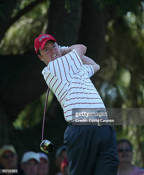 Nathan Smith of the USA tees off at the 4th hole during the final afternoon singles matches on the East Course at Merion Golf Club on September 13,...