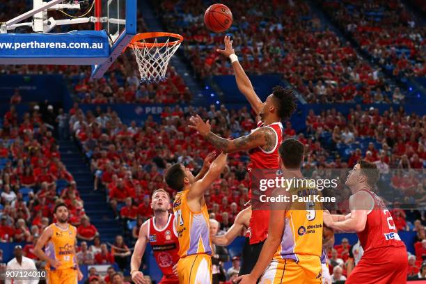 Jean-Pierre Tokoto of the Wildcats puts a shot up during the round 15 NBL match between the Perth Wildcats and the Sydney Kings at Perth Arena on...