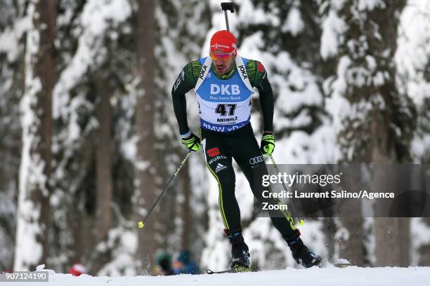Arnd Peiffer of Germany takes joint 3rd place during the IBU Biathlon World Cup Men's Sprint on January 19, 2018 in Antholz-Anterselva, Italy.