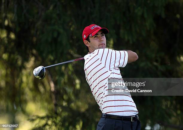 Cameron Tringale of the USA tees off at the 4th hole during the final afternoon singles matches on the East Course at Merion Golf Club on September...