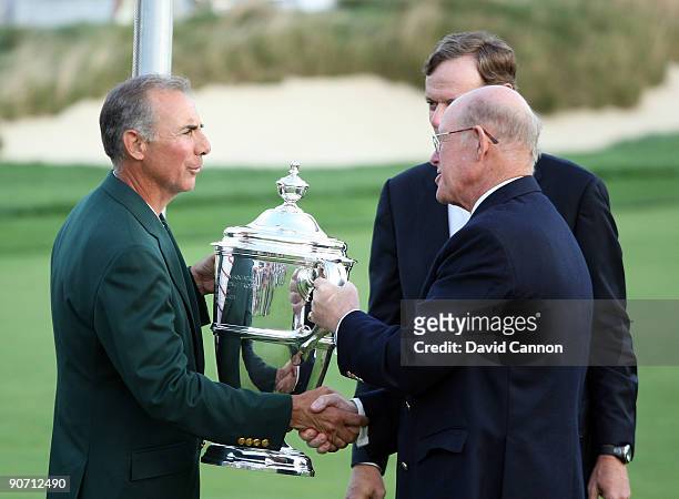 Buddy Marucci the USA team captain is presented with the trophy by Hanish Ritchie Captain of the R&A at the closing ceremony after the final...