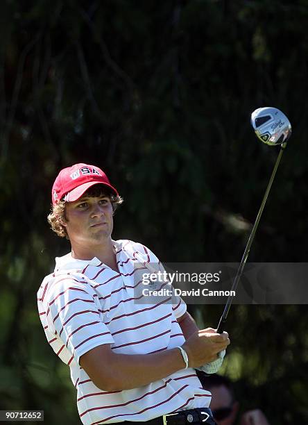 Peter Uihlein of the USA drives at the 4th hole during the final afternoon singles matches on the East Course at Merion Golf Club on September 13,...