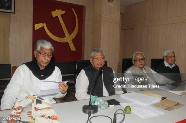 Leaders Manik Sarkar, Sitaram Yechury, Biman Bose and Prakash Karat during three-day Central Committee meeting of Communist Party of India to...