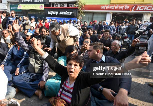 Shopkeepers and residents protesting during the sealing drive at Model Town, on January 19, 2018 in New Delhi, India. Traders' protested at South...